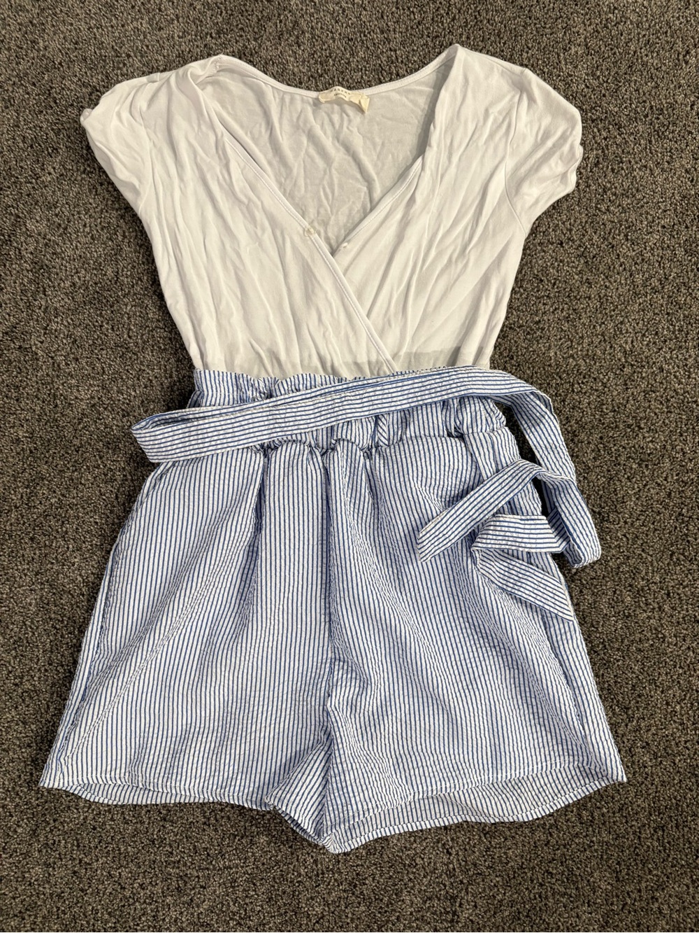 Harper White Wrap Top with Blue & White Striped Paperbag Romper